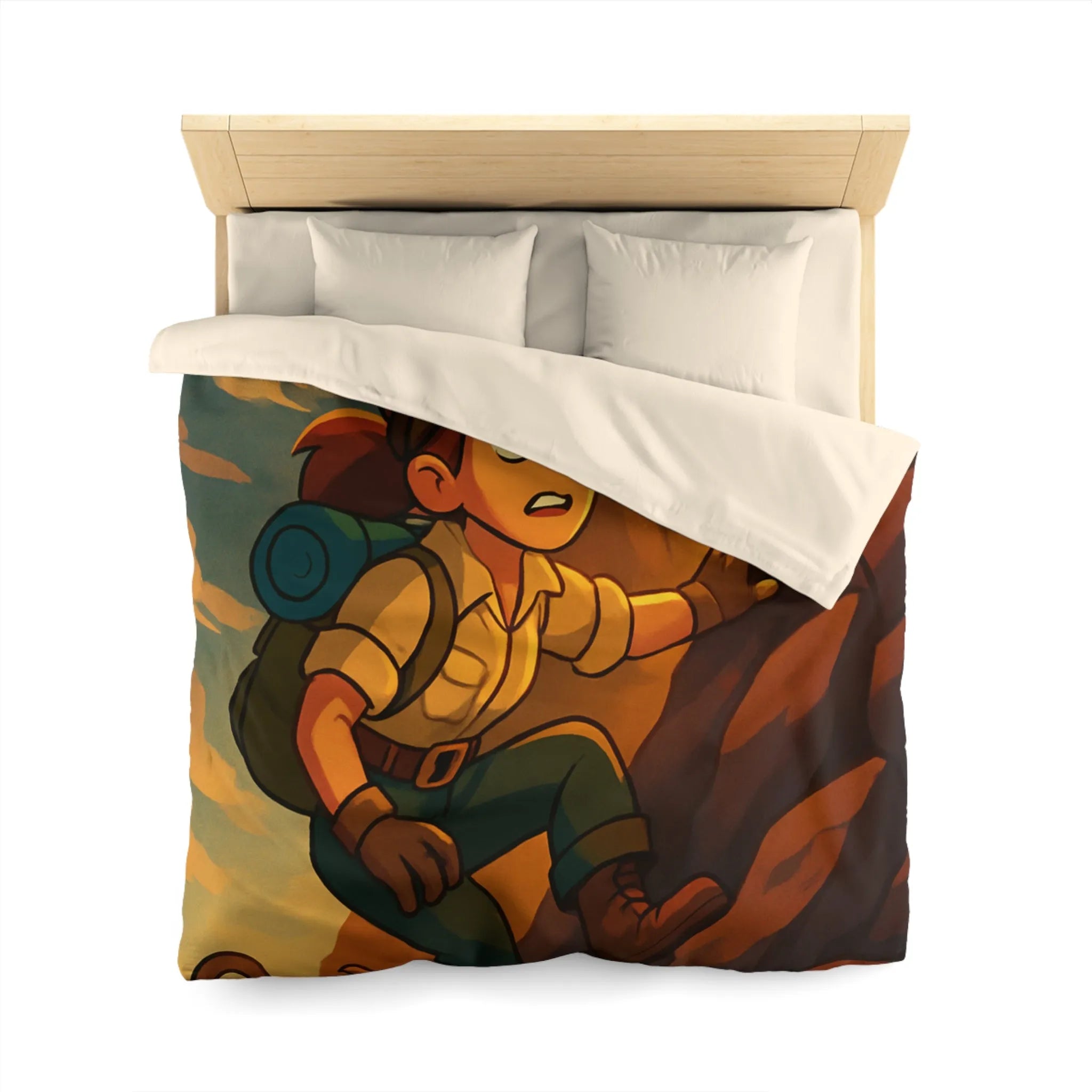 Housse de couette aventure colorée avec jeune explorateur et singe devant grotte lumineuse