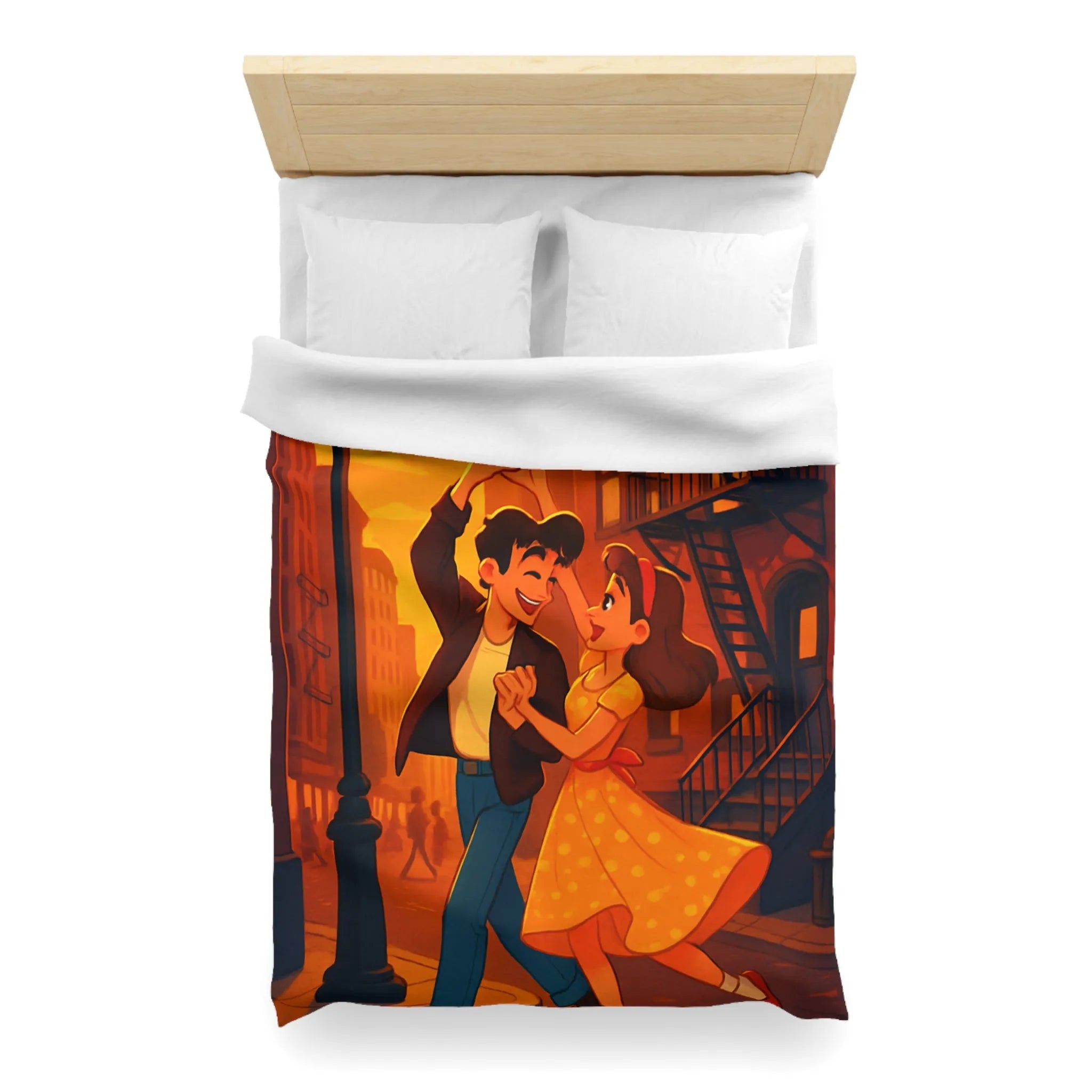 Danse romantique rétro sous réverbère vintage, ambiance urbaine crépusculaire charmante et nostalgique