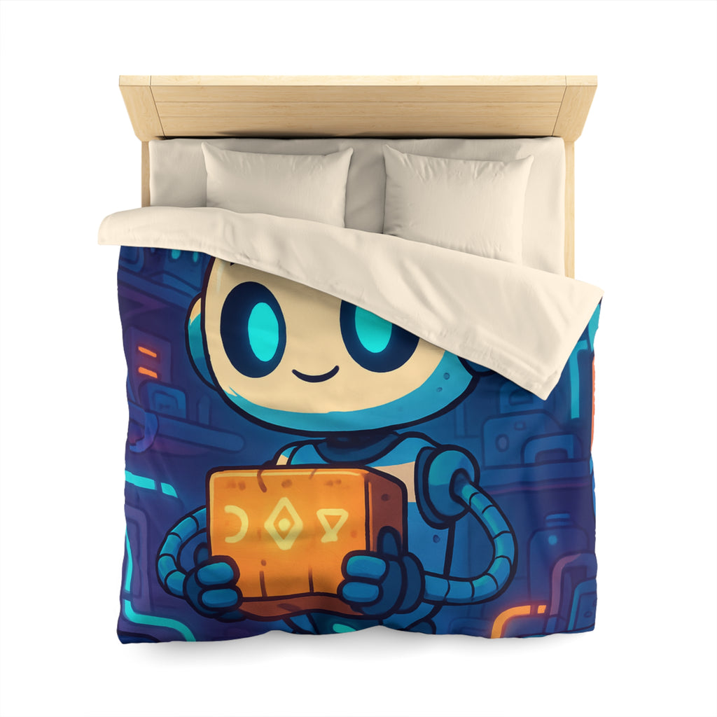 Housse de couette robot ludique bleu avec boîte mystérieuse ambiance futuriste enfantine