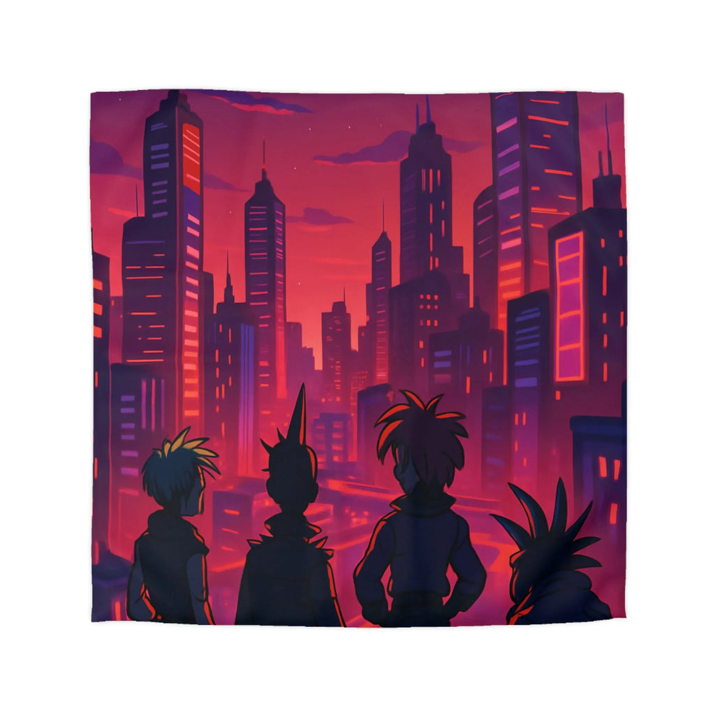 Housse de couette colorée urbaine style rétro avec personnages devant une ville cyberpunk