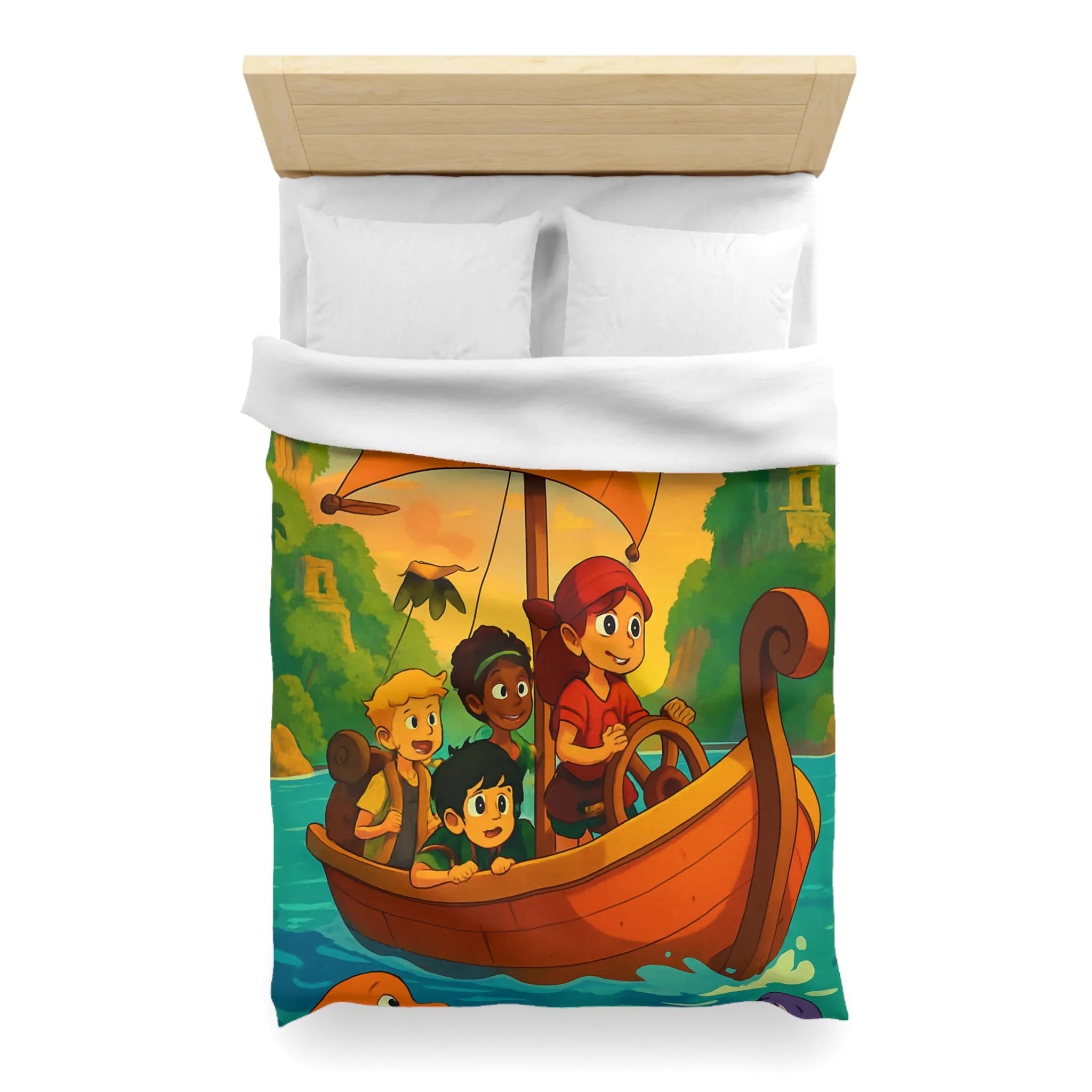 Housse de couette enfantine avec bateau, amis et animaux marins, ambiance tropicale vive