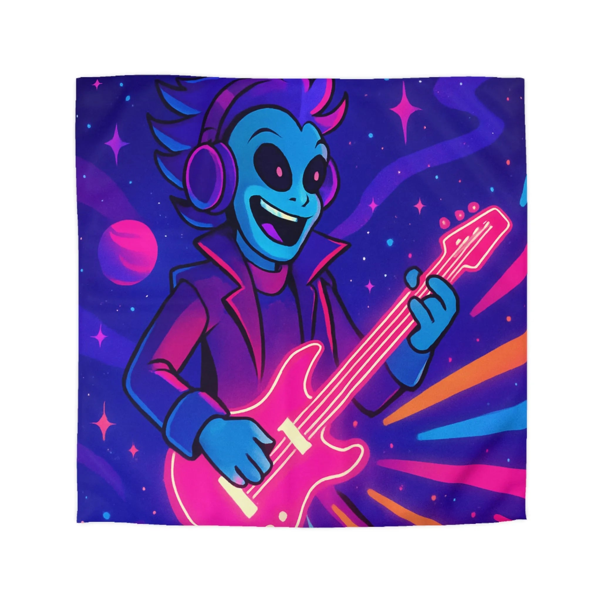 Housse de Couette Galactique avec Musicien Alien et Planètes Multicolores en Néon Vibrant