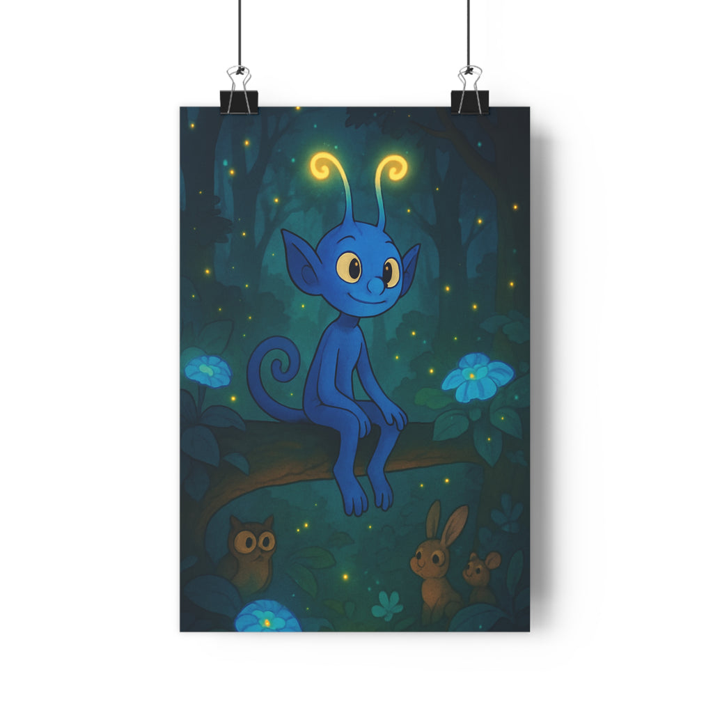 Poster décoratif féerique bleu forêt enchantée magique chambre détente ambiance lumineuse animaux format 30x46
