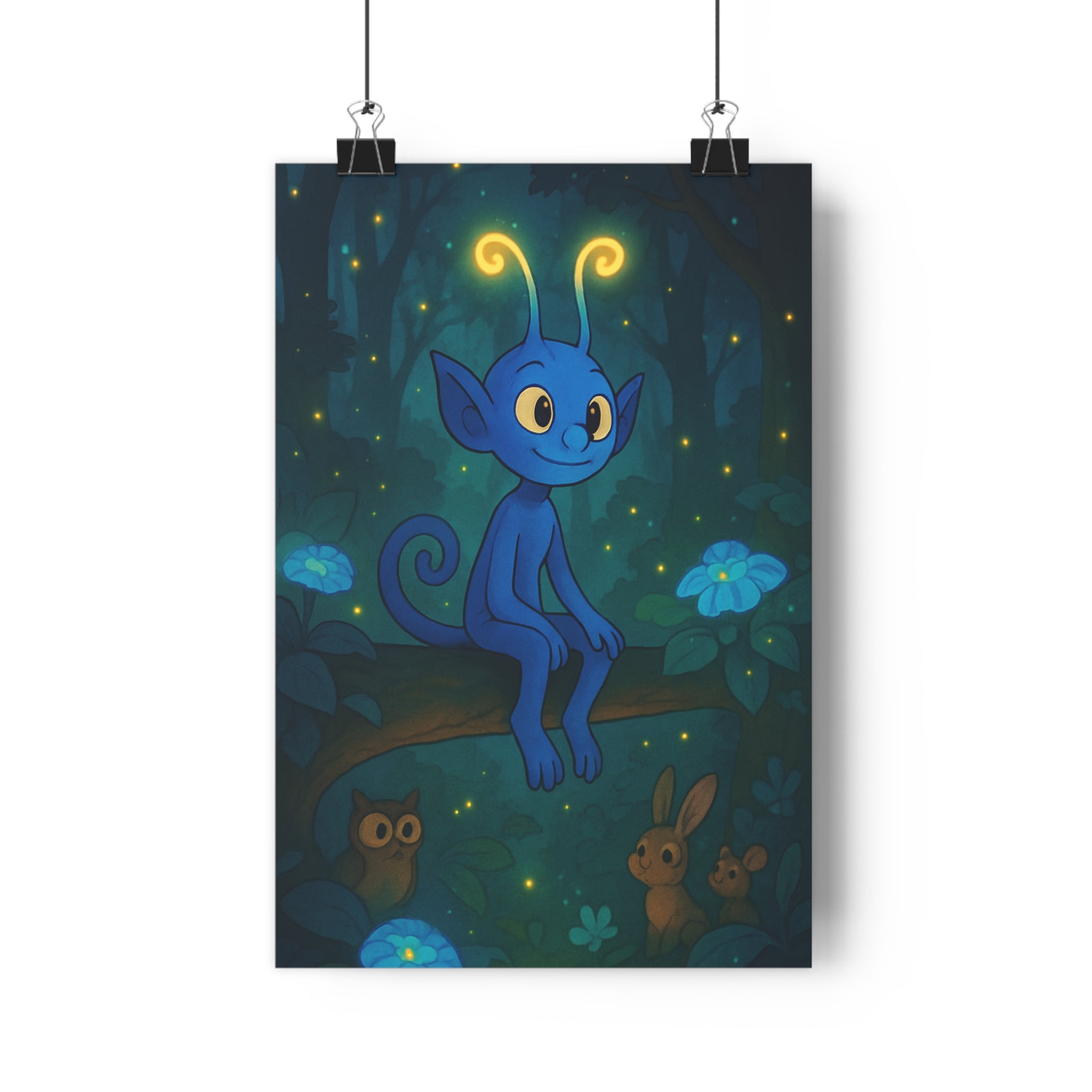 Poster décoratif féerique bleu forêt enchantée magique chambre détente ambiance lumineuse animaux format 30x46