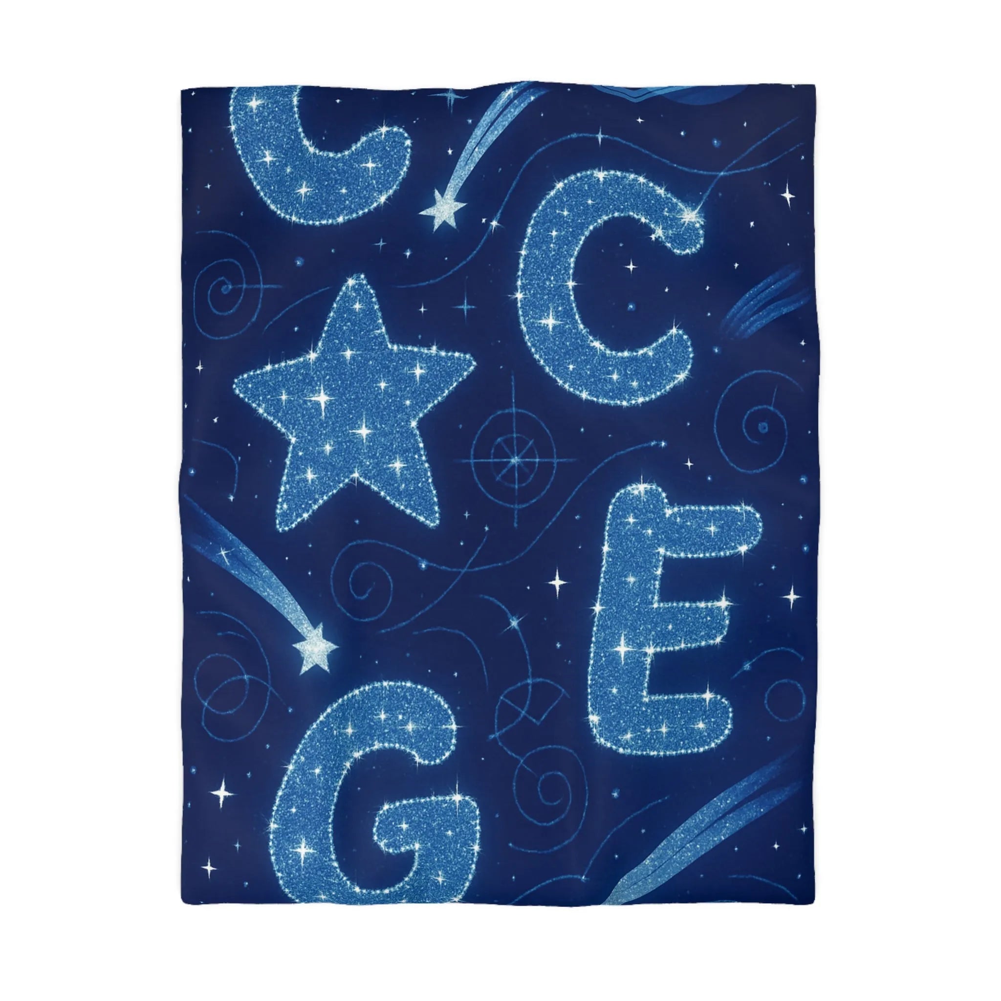 Housse de couette espace étoilé avec lettres scintillantes et planètes en arrière-plan