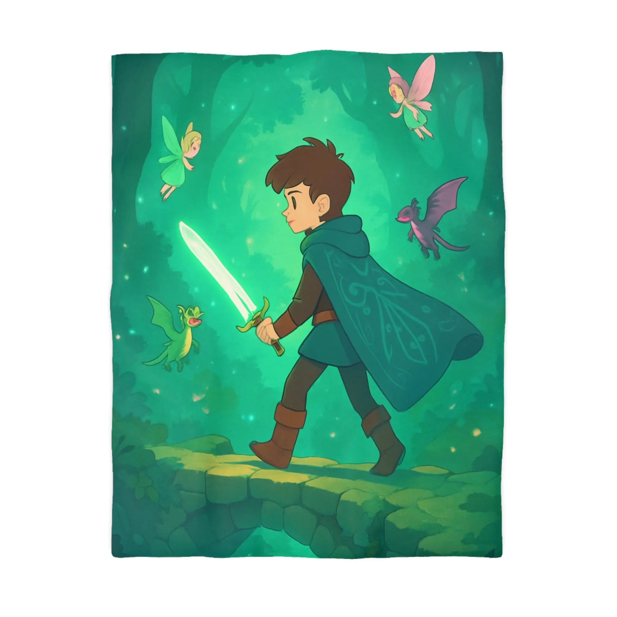 Housse de couette enfant magique avec épée lumineuse et créatures enchantées en forêt