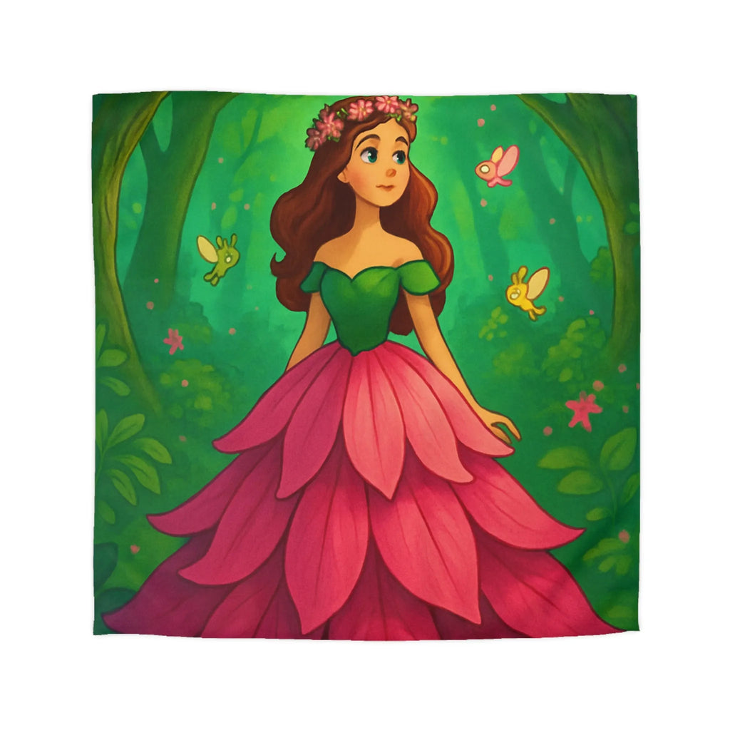 Housse de couette fleurie, forêt enchantée avec fées et princesse aux couleurs vives