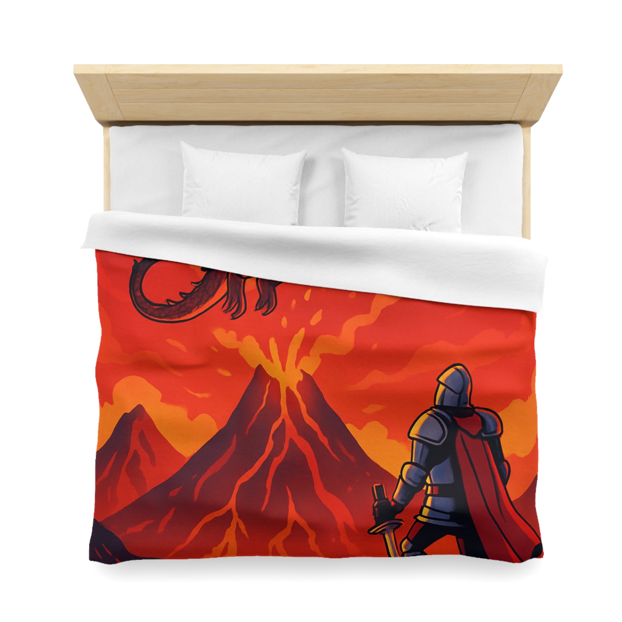 Imposant dragon rouge volant sur volcan en fusion, chevalier en armure contemplatif