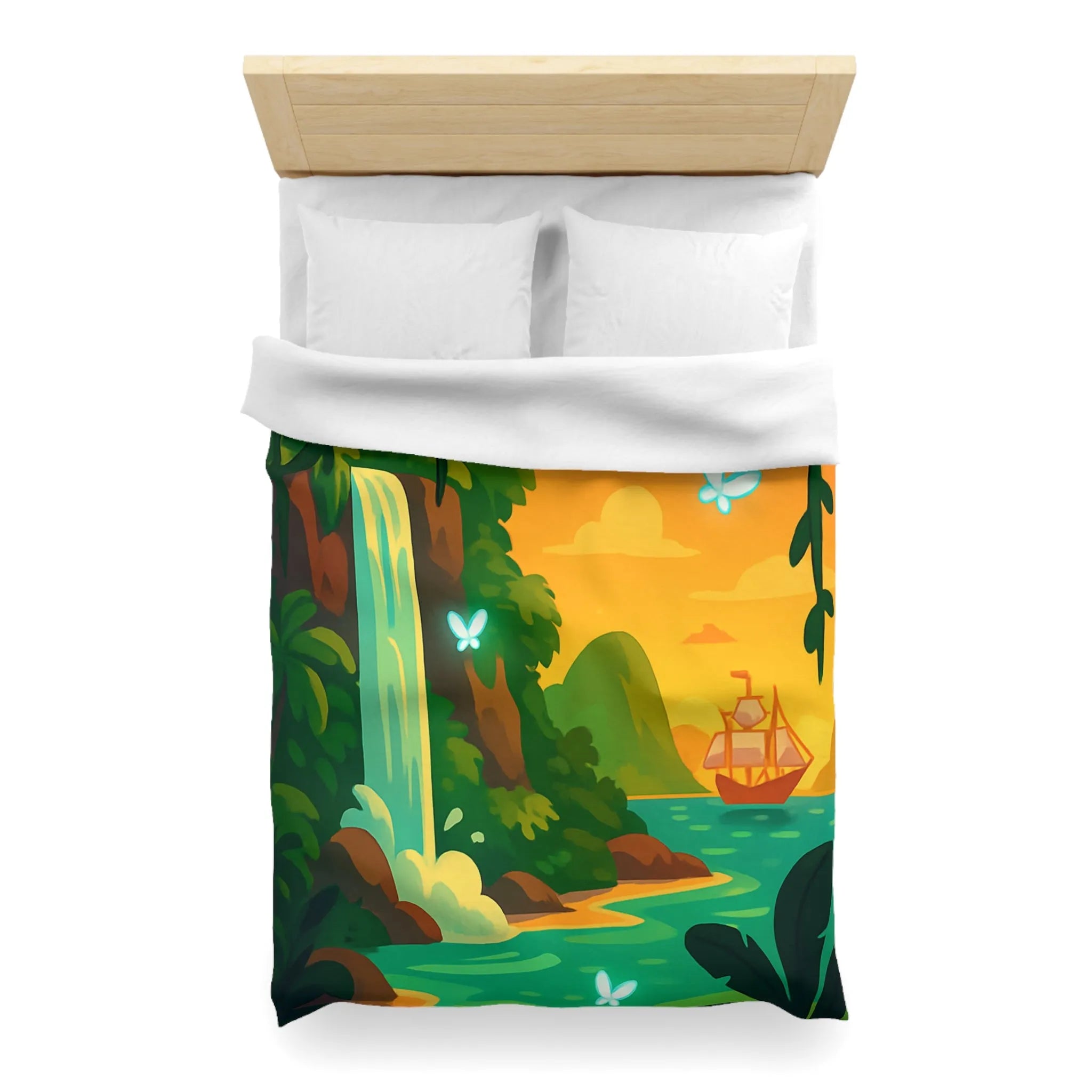 Housse de couette exotique avec cascade, papillons lumineux et bateau au coucher du soleil