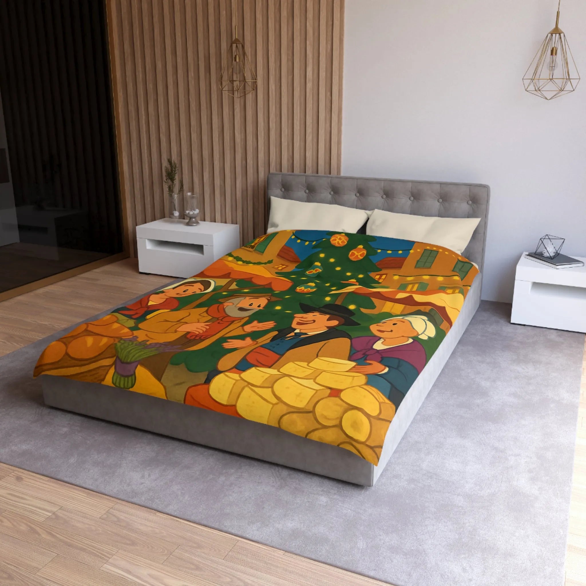 Housse de couette festive avec marché de Noël et sapin illuminé au village