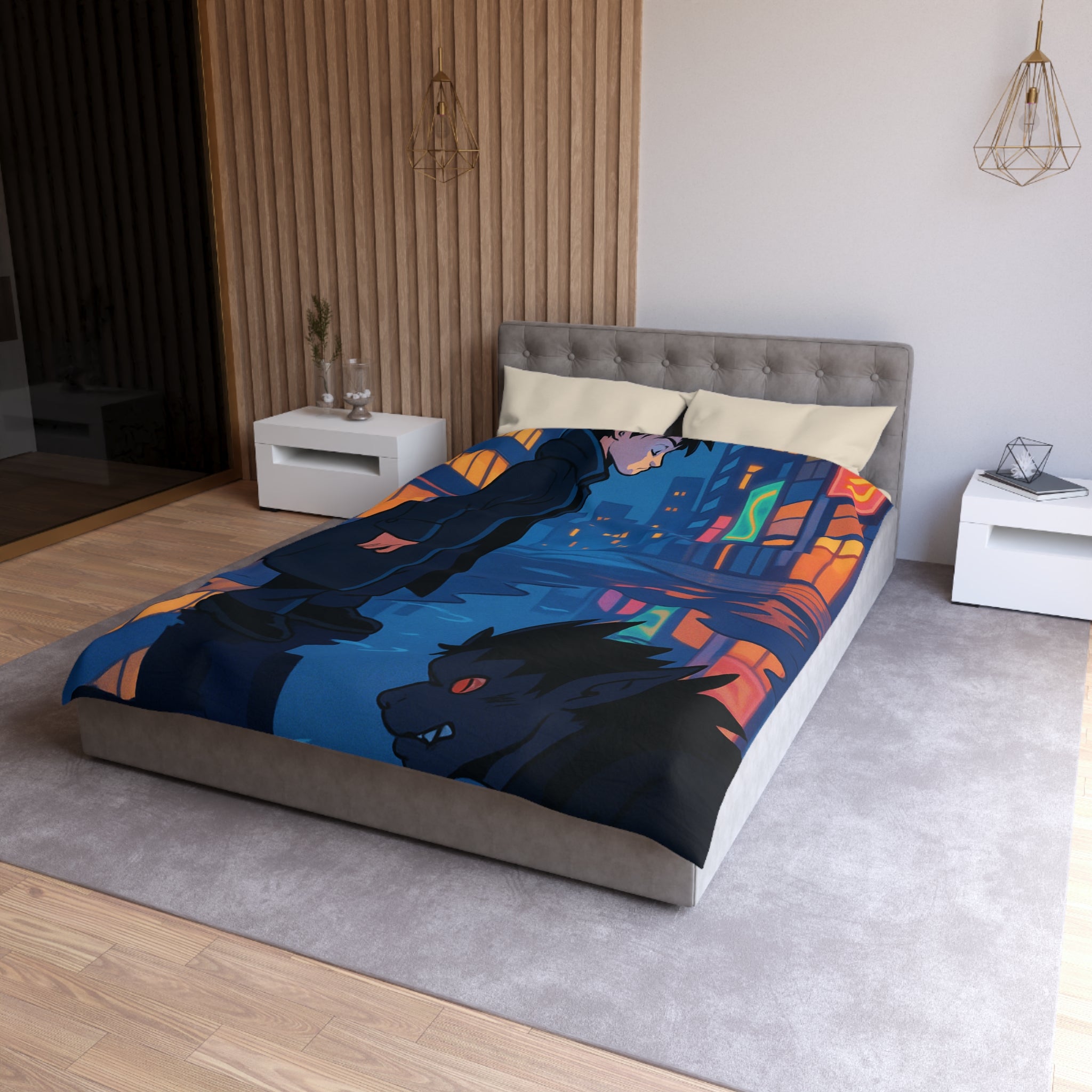 Housse de couette urbaine avec reflet mystérieux dans une rue animée la nuit