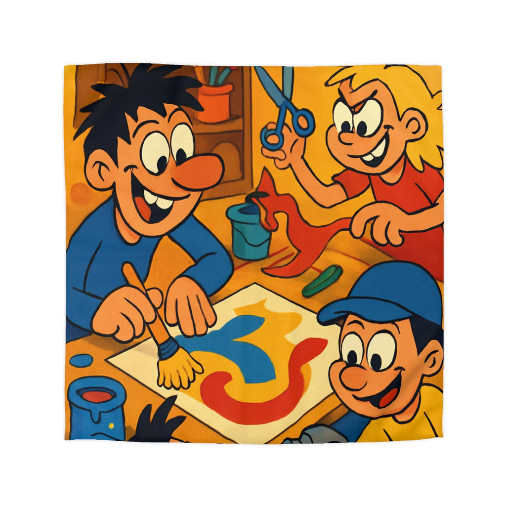 Housse de couette coloriée ludique avec enfants joyeux peignant et créant ensemble dans atelier