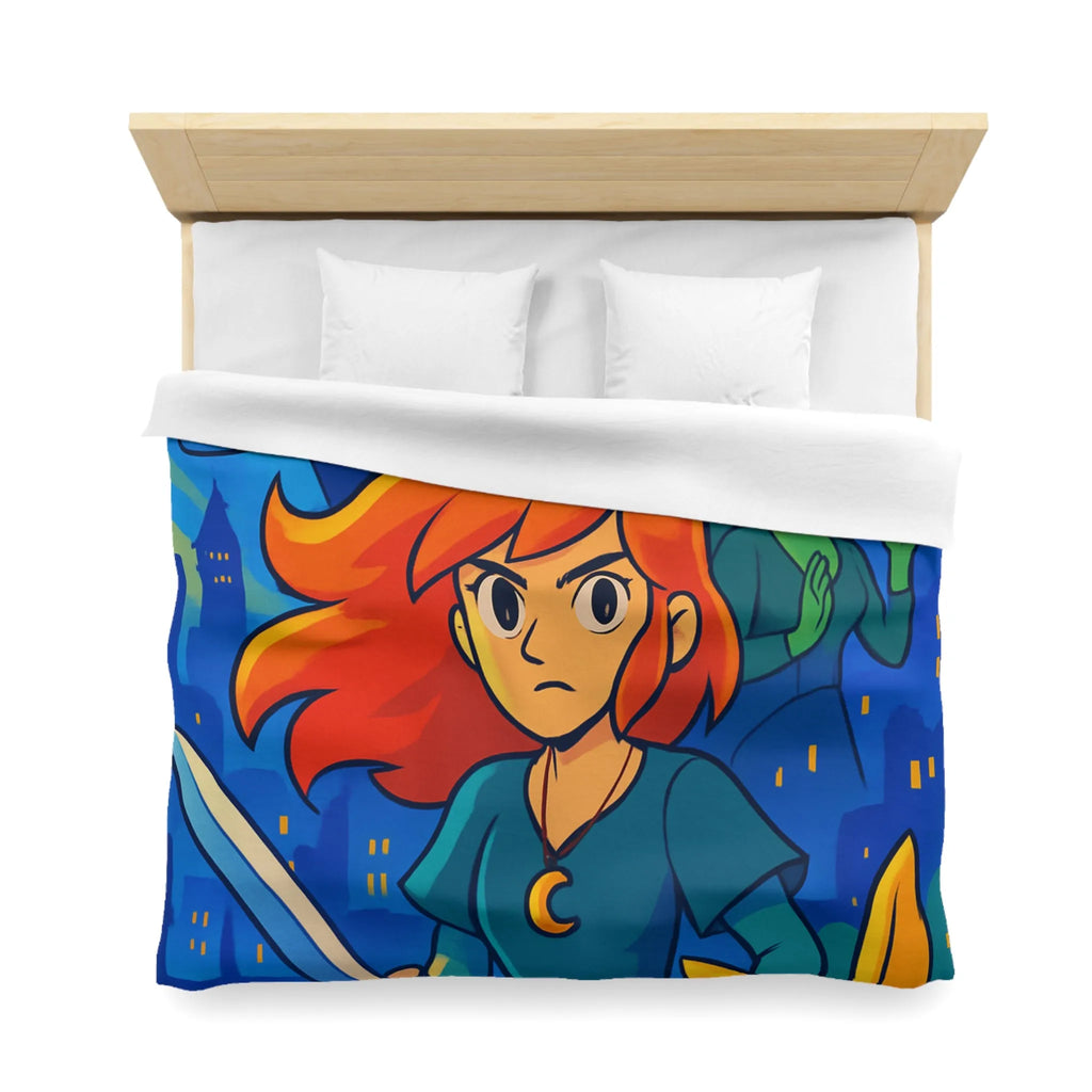 Housse de couette héroïque avec épée, ville nocturne et créatures fantastiques colorées