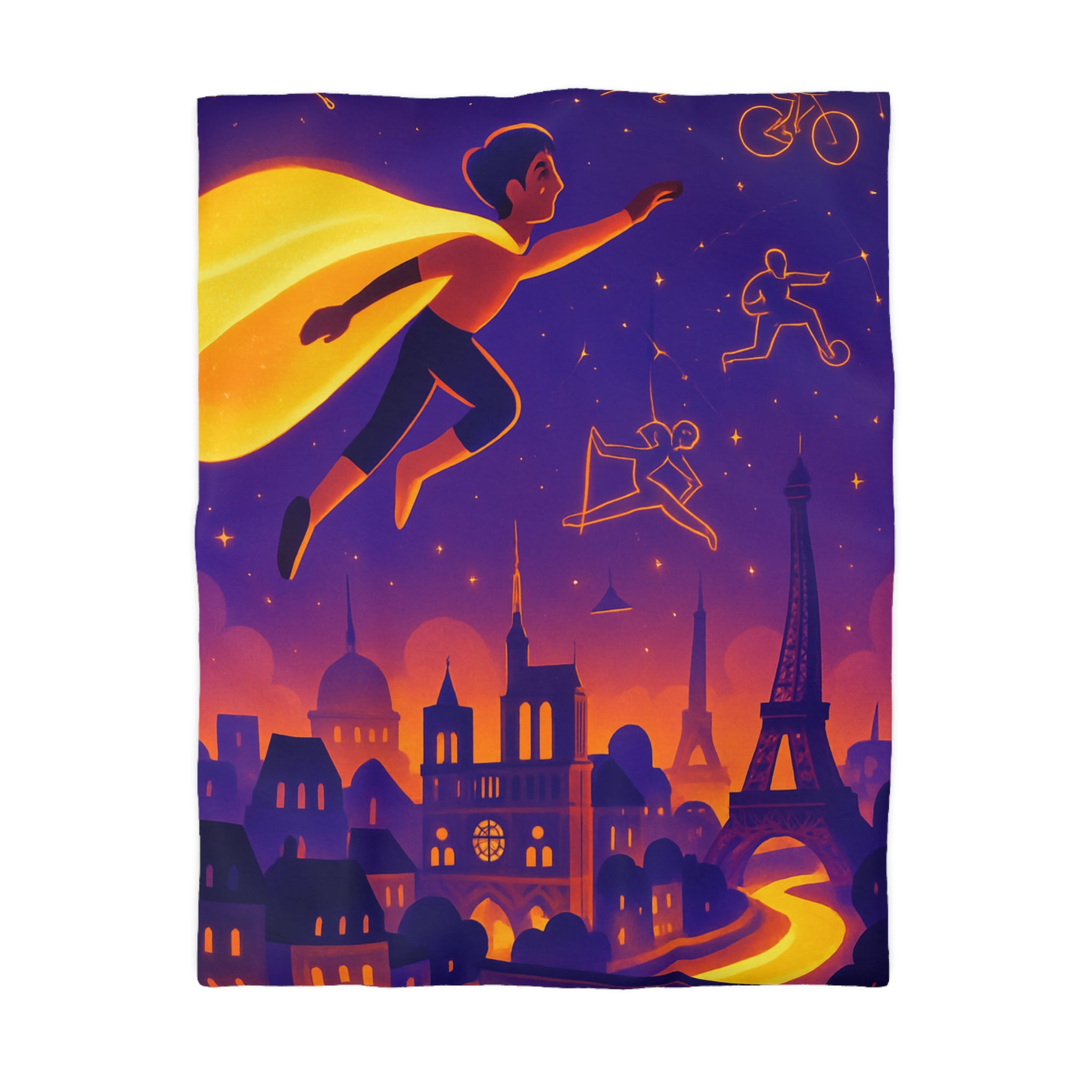 Housse de couette rêve parisien avec super-héros et constellations sportives lumineuses