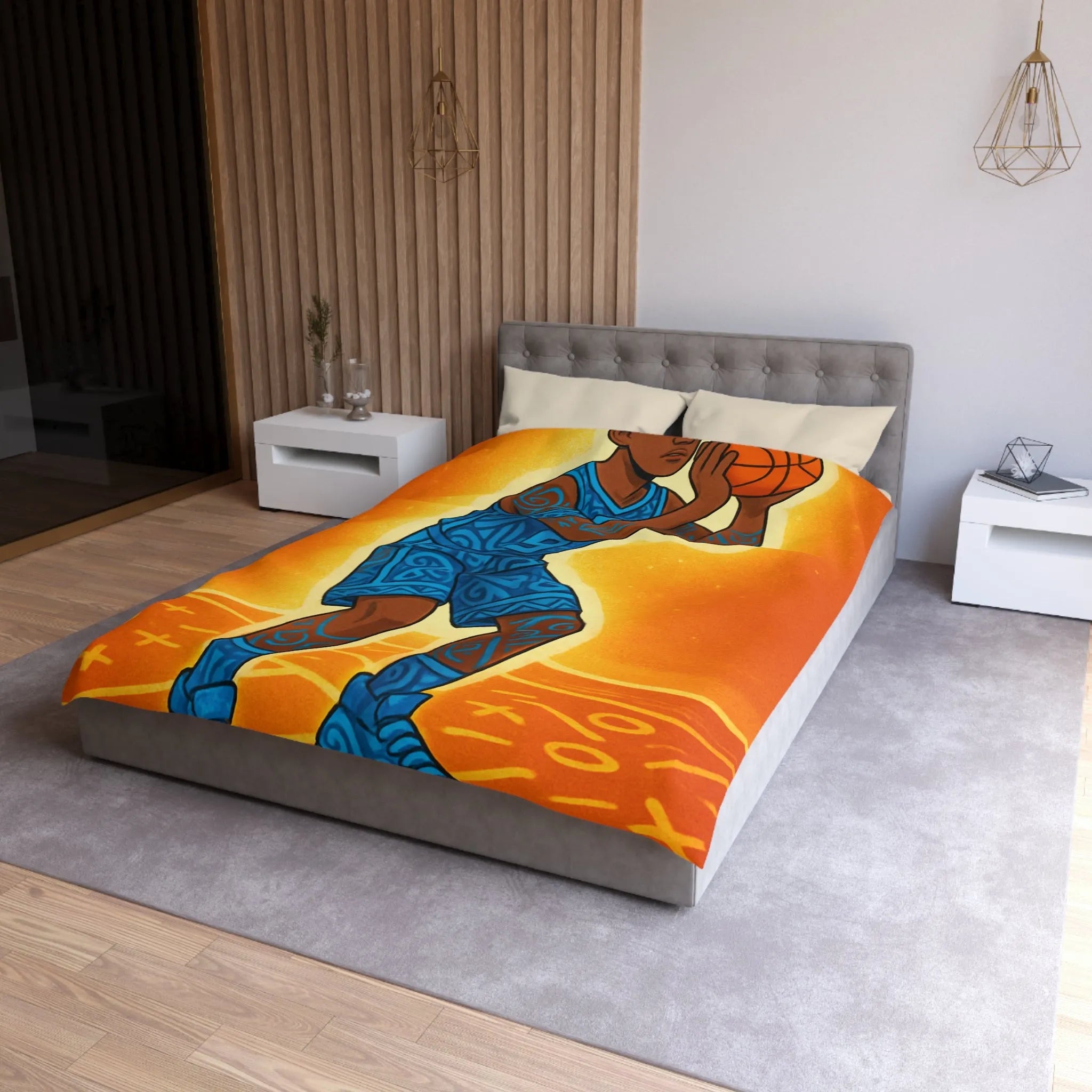 Housse De Couette Avec Joueur De Basketball Graphique En Bleu Sur Fond Orange