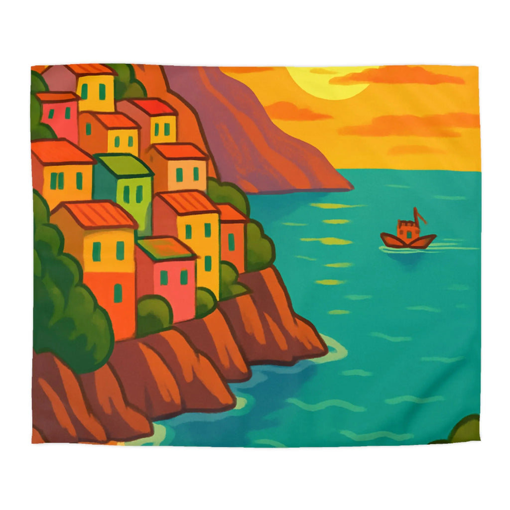 Housse de couette avec paysage côtier éclatant sous coucher de soleil vibrant et artistique