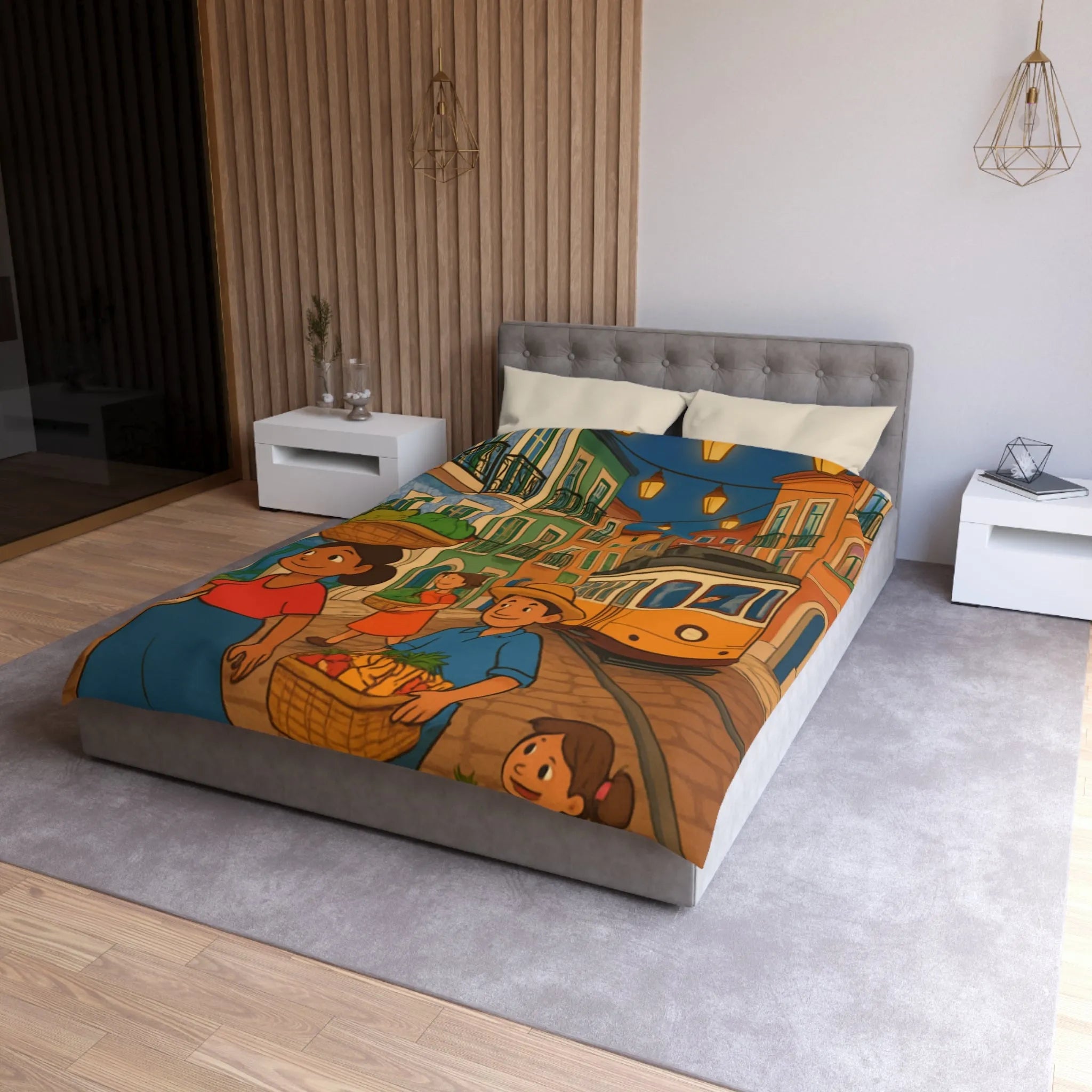 Housse de Couette Colorée Illustrant Scène Vibrante de Rue avec Tramway et Marché