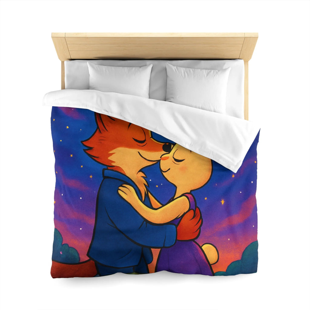 Housse de couette avec renard et lapin amoureux sous ciel étoilé romantique