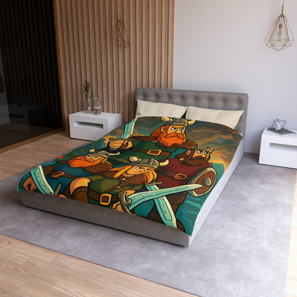 Housse de couette viking épique avec des guerriers et paysage dramatique