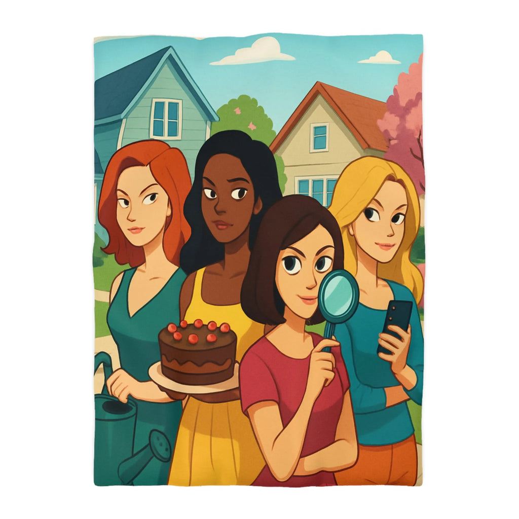 Housse de Couette Illustrée Fête Femme Jardin avec Loupe Gâteau et Téléphone