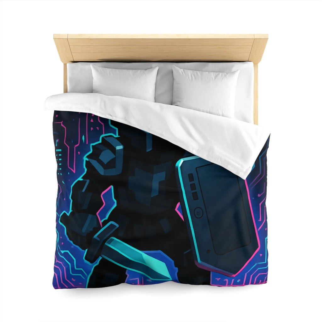 Housse de Couette avec Guerrier Pixel Art et Éléments Numériques Lumineux Nocturnes