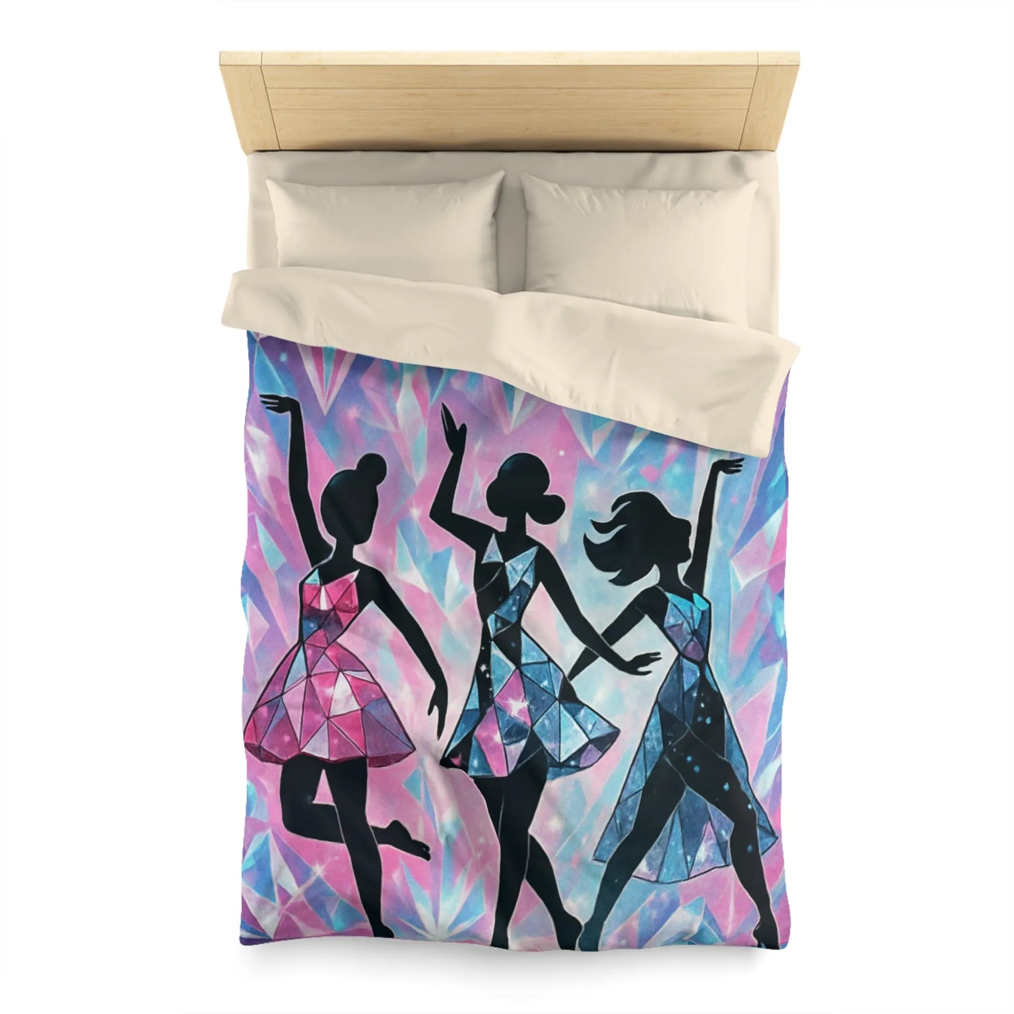 Élégantes silhouettes de danseuses avec motifs géométriques sur fond cristallin scintillant