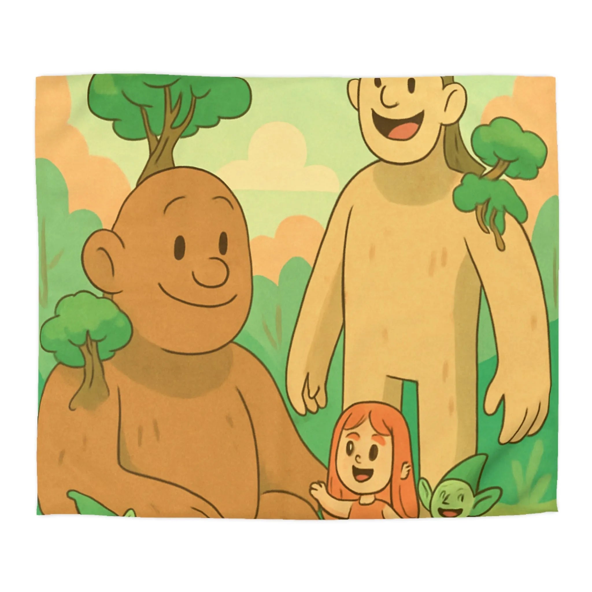 Housse de couette fantastique avec géants arborés et lutins dans une forêt enchantée