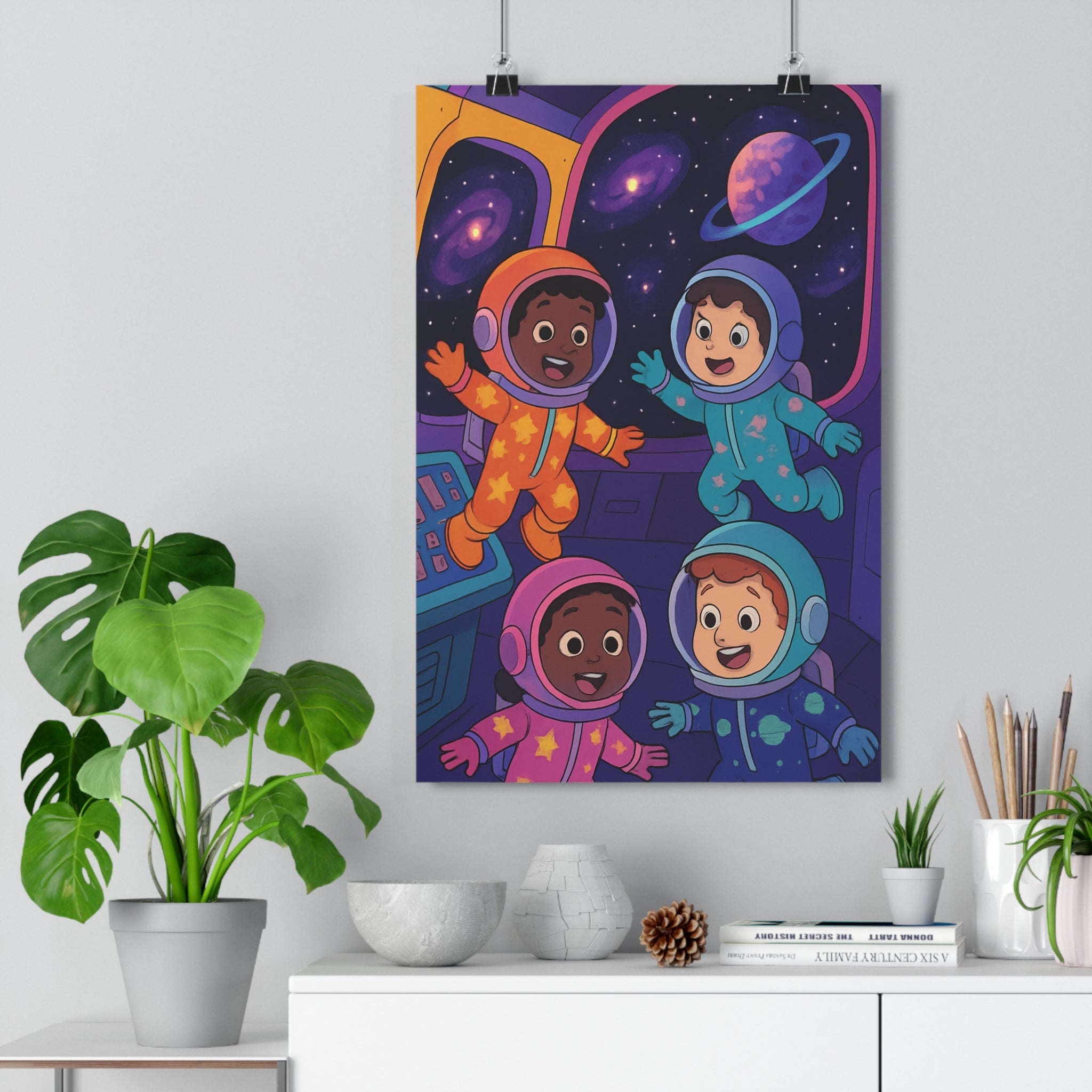 Poster décoratif cartoon bleu orange rose spatial adolescent chambre aventure joyeux galaxie planète 30x46