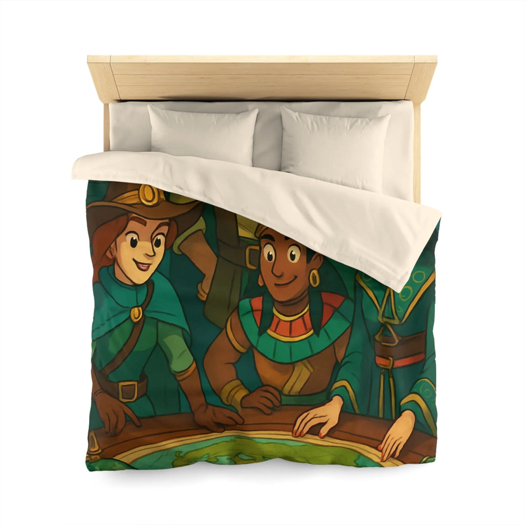 Housse de couette aventuriers explorateurs carte monde globe chapeaux costumes colorés ambiance ludique