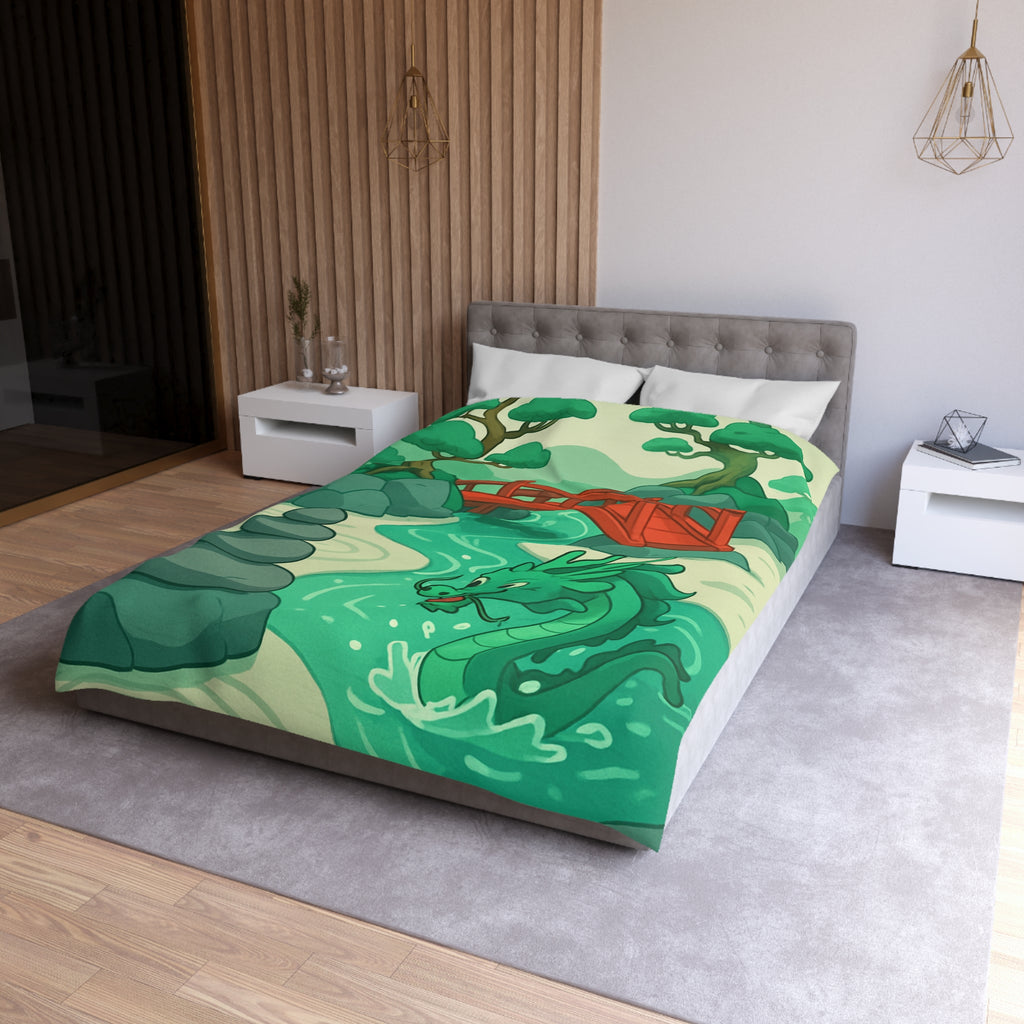 Magnifique housse de couette dragon vert dans jardin zen avec pont rouge
