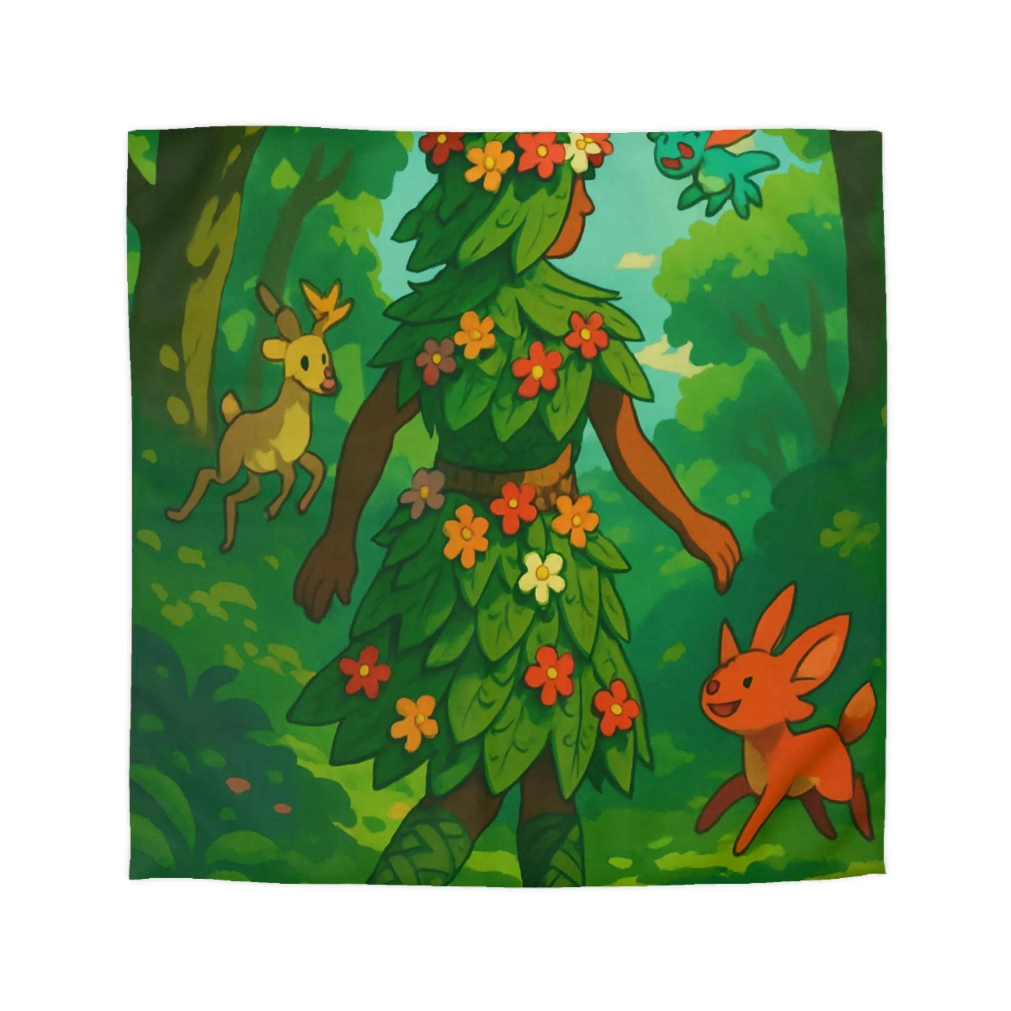 Housse de couette forêt enchantée avec créatures et personnage naturel aux couleurs vibrantes