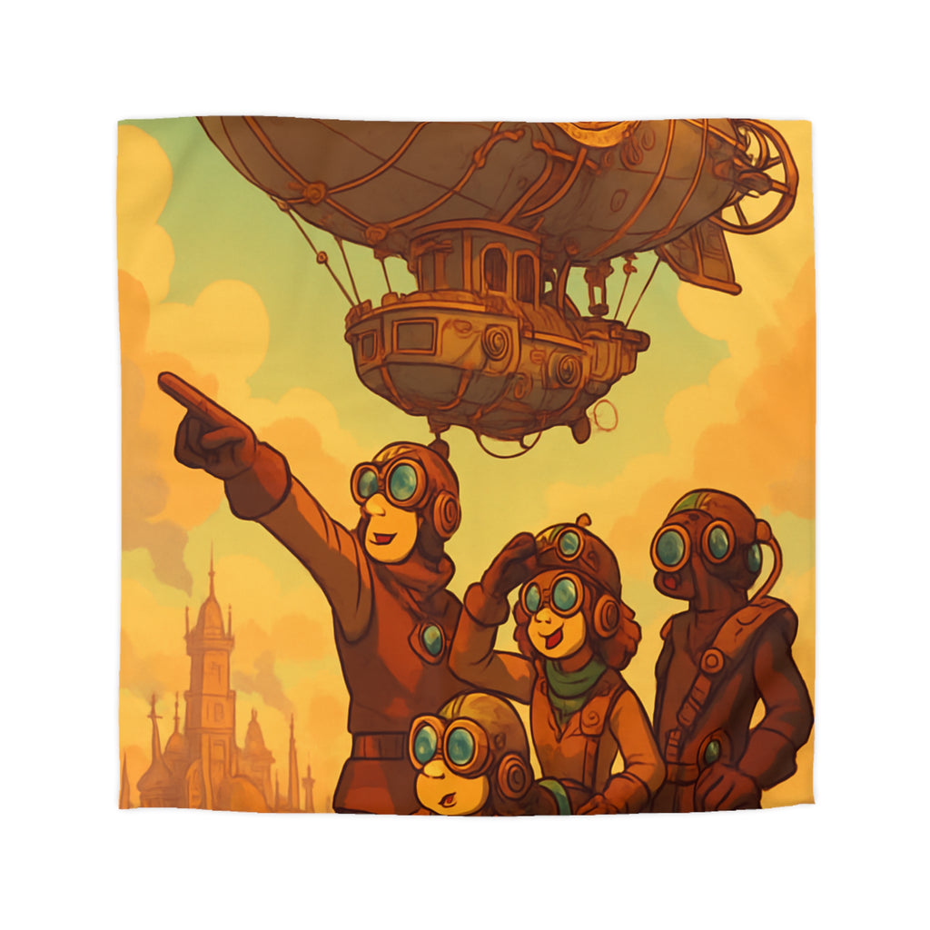 Housse de couette rétro-aventure steampunk avec dirigeable et explorateurs en plein ciel