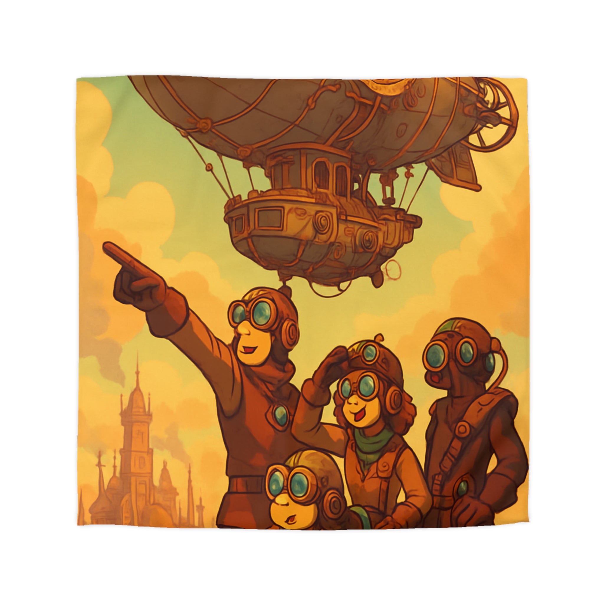 Housse de couette rétro-aventure steampunk avec dirigeable et explorateurs en plein ciel
