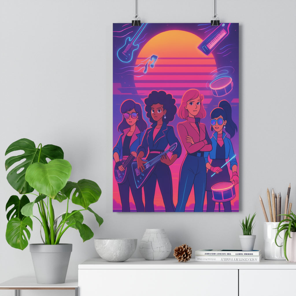 Poster décoratif rétro futuriste rose violet bleu salon chambre moderne vibrant nostalgique artistique féminin