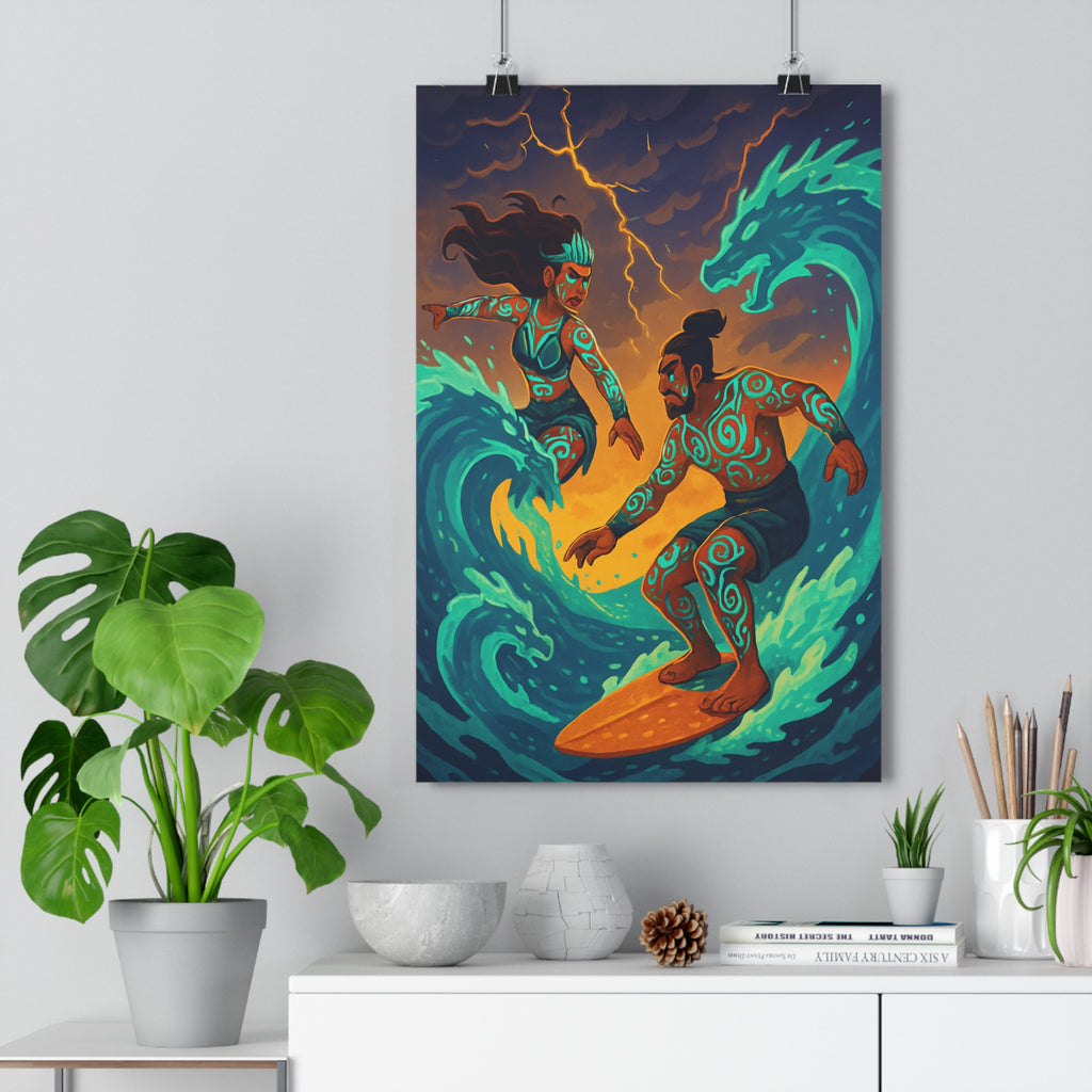 Poster décoratif surfeur tribal bleu orange dragon mythologique dynamique chambre salon vibrant moderne aventure