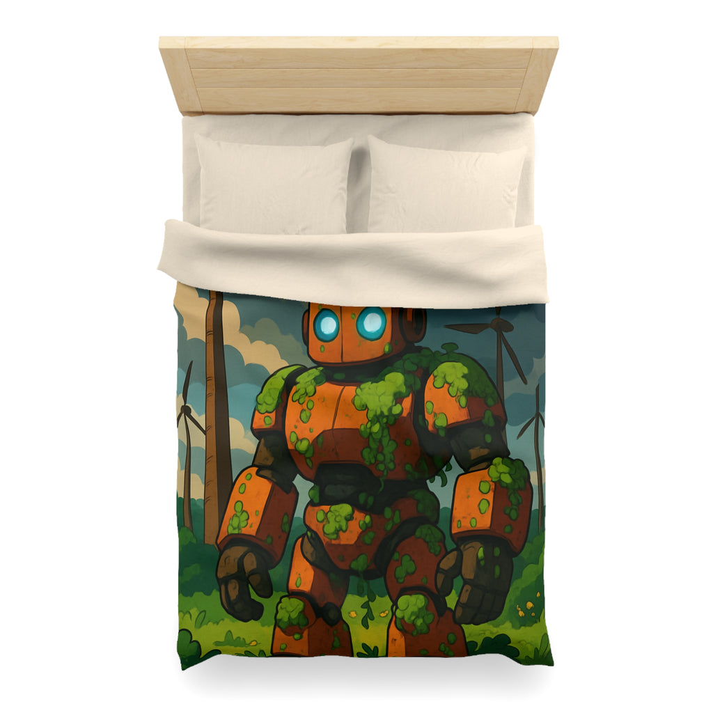 Housse de couette robot et éoliennes, motif nature et technologie, ambiance verte apaisante