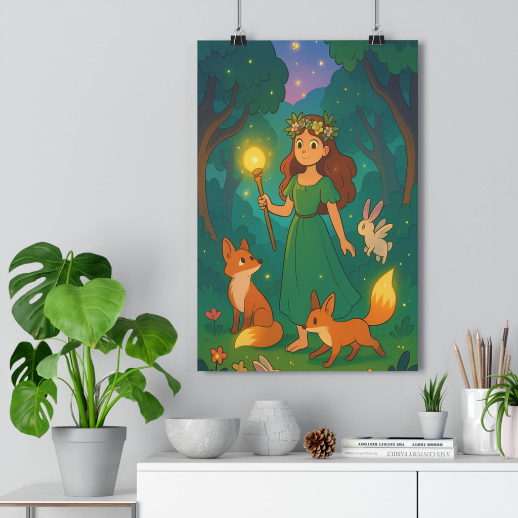 Poster décoratif forêt enchantée magique vert lumineux féerique chambre enfant nature mystique animaux nocturne
