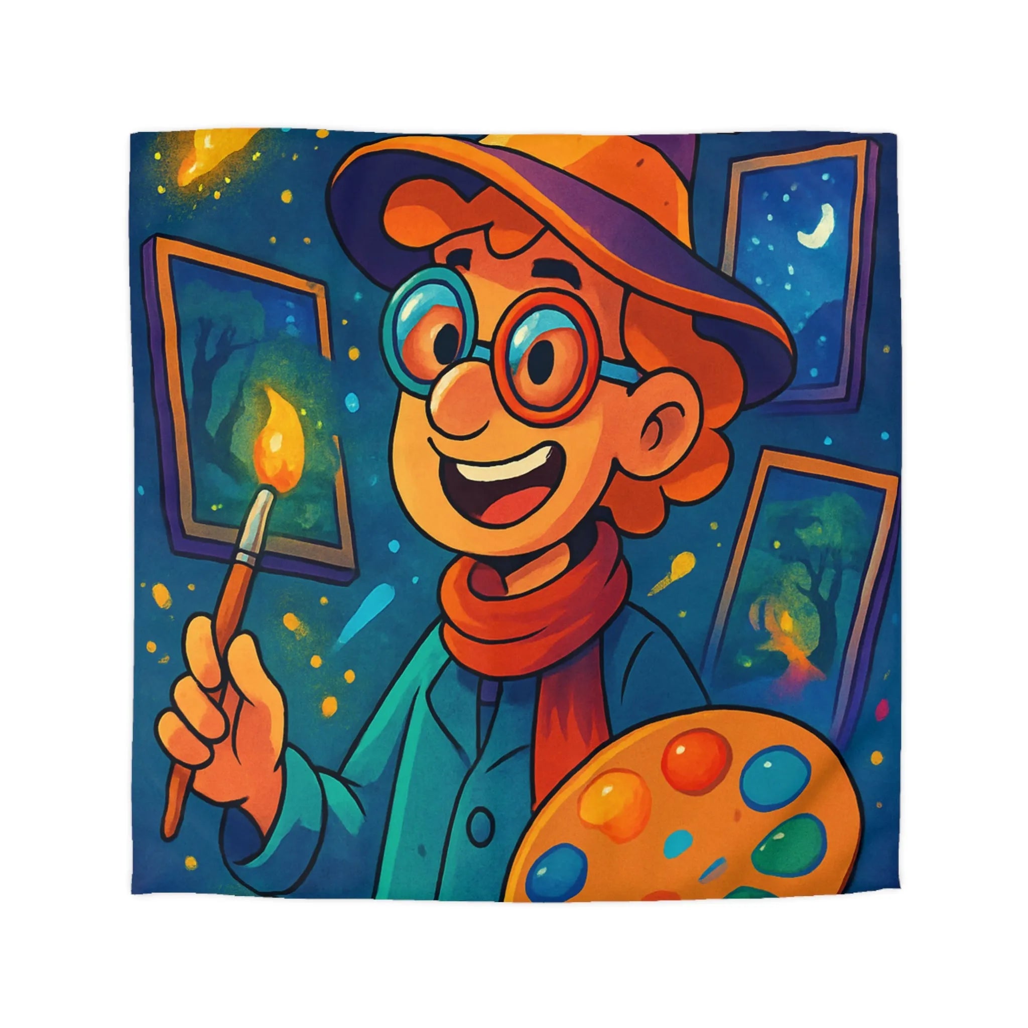 Housse de couette magique illustrée avec artiste en chapeau et palette lumineuse
