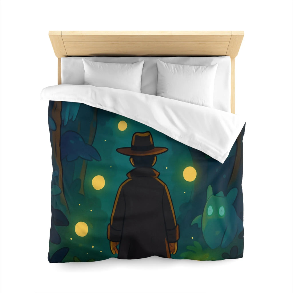 Housse de Couette Forêt Mystique avec Créatures Lumineuses et Promeneur en Chapeau