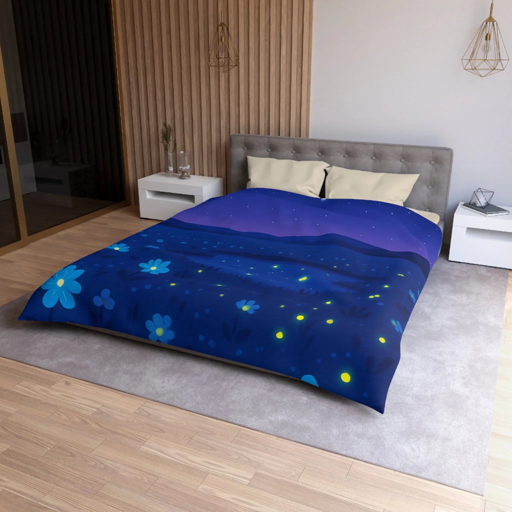 Housse de couette ciel étoilé bleu profond avec fleurs et étoiles filantes éblouissantes