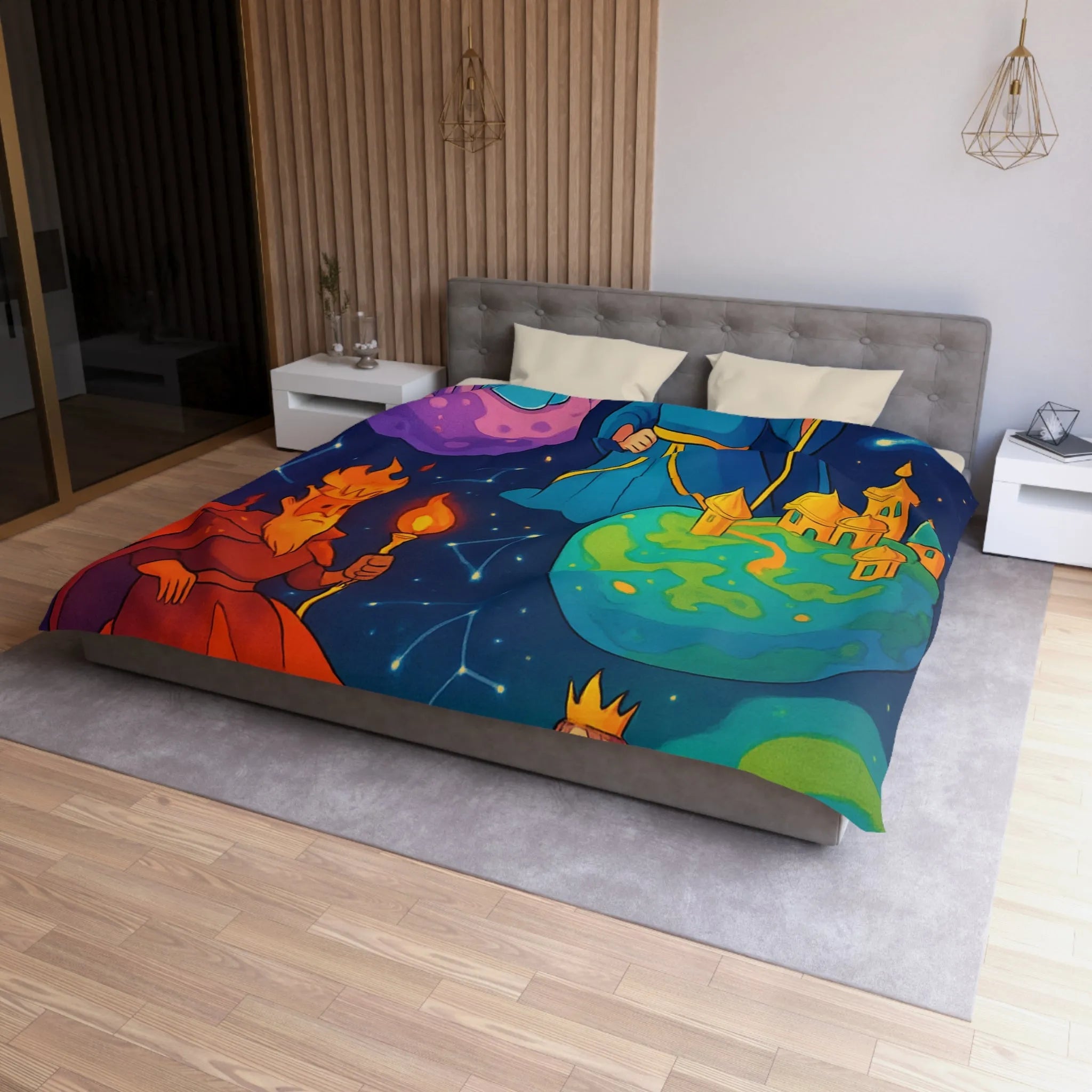 Housse de Couette Imaginaire avec Rois et Reines sur Planètes Mystiques Étoilées