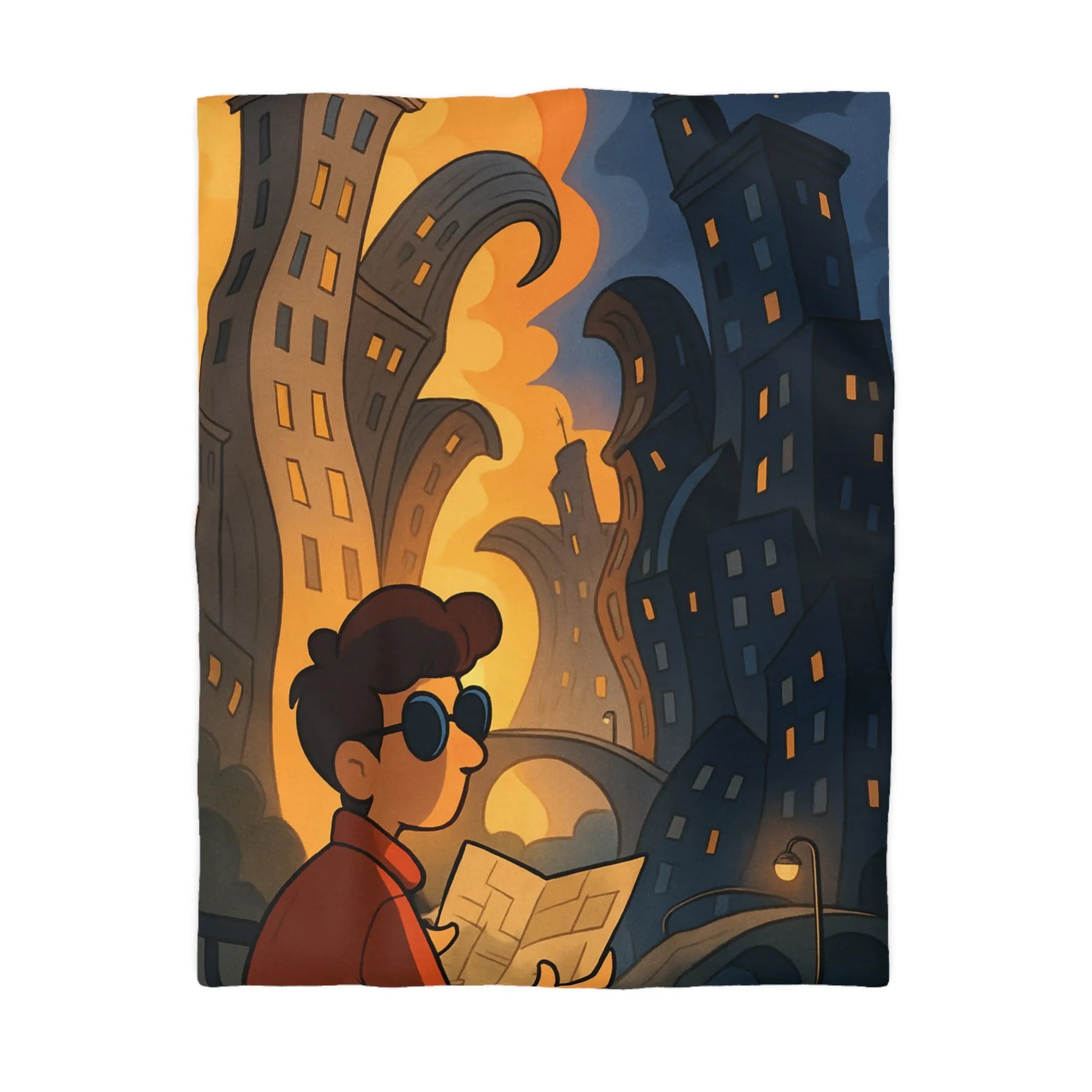 Housse de Couette Artistique avec Paysage Urbain Surréaliste et Architecture Tordue