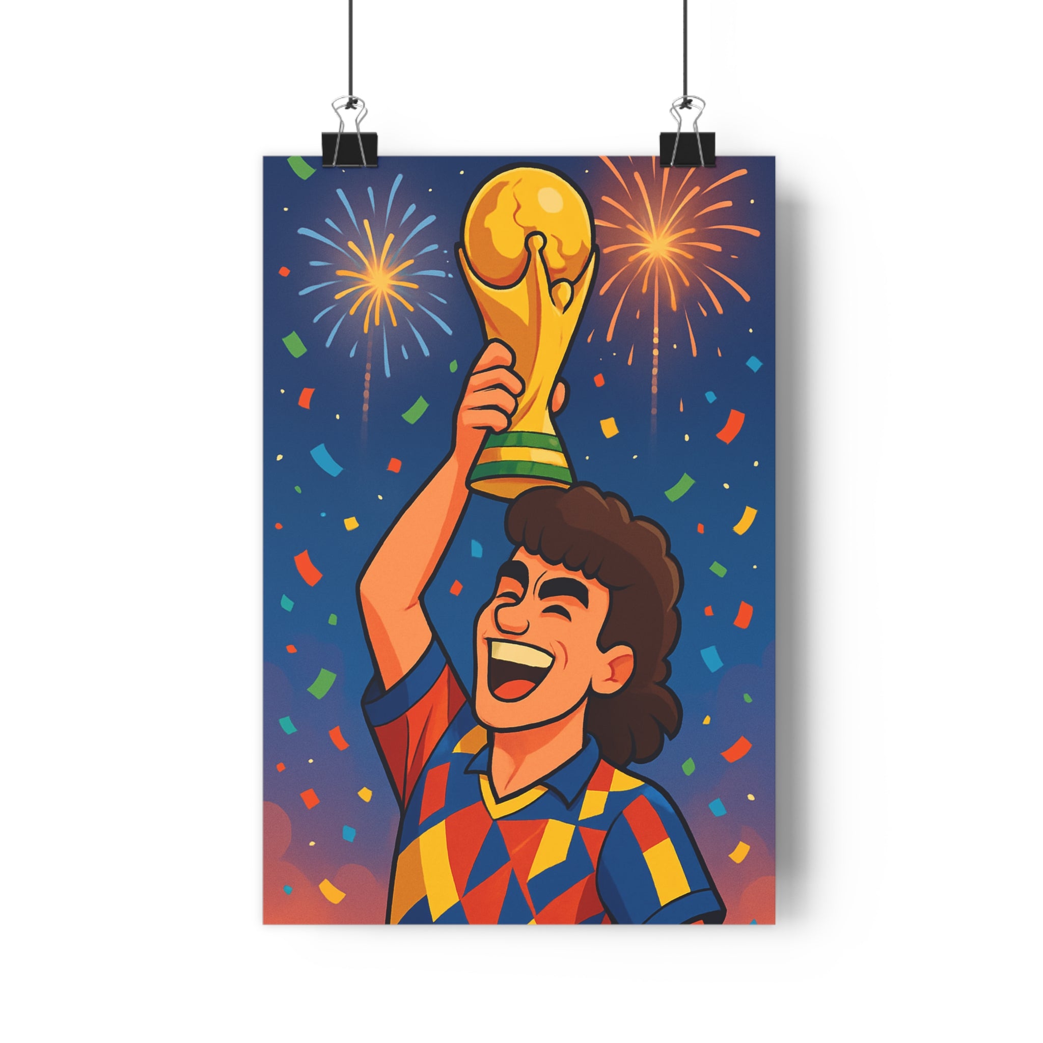 Poster décoratif football géométrique rouge bleu jaune chambre triomphe festif sportif vibrant victoire art