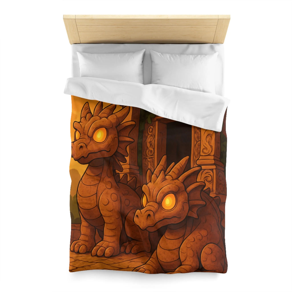 Housse de couette avec dragons en pierre ornant un temple ancien au crépuscule