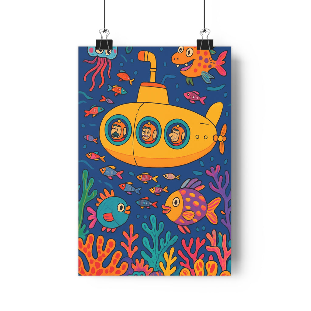 Poster décoratif vibrant coloré bleu orange rose joyeux fantaisiste chambre enfant sousmarin aventure multicolore