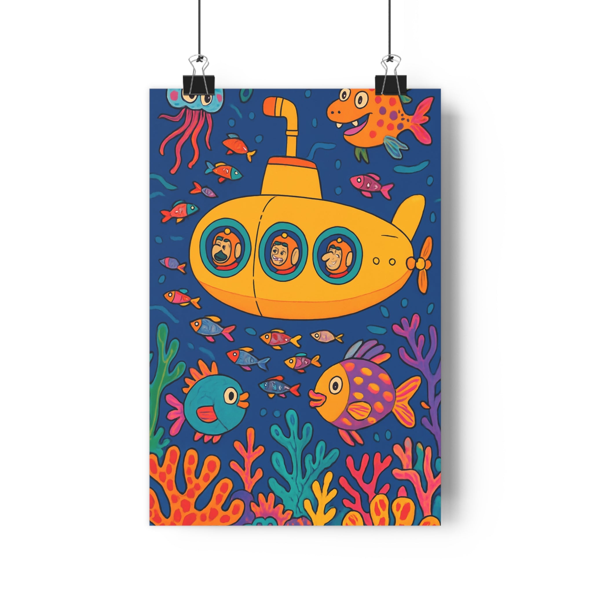 Poster décoratif vibrant coloré bleu orange rose joyeux fantaisiste chambre enfant sousmarin aventure multicolore
