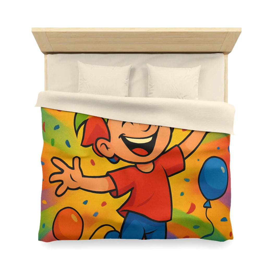 Housse de couette colorée avec enfant joyeux et ballons arc-en-ciel, ambiance festive