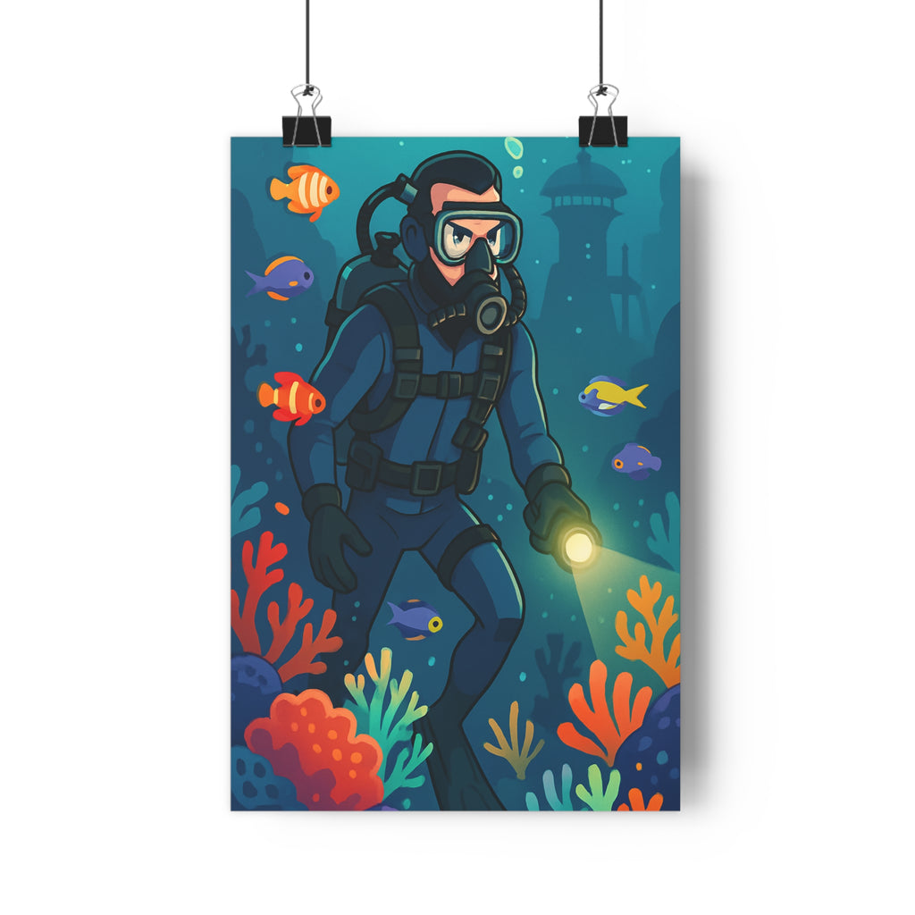 Poster décoratif cartoon bleu vert mystique aventure chambre salon scaphandre poissons coraux explorateur 30x46