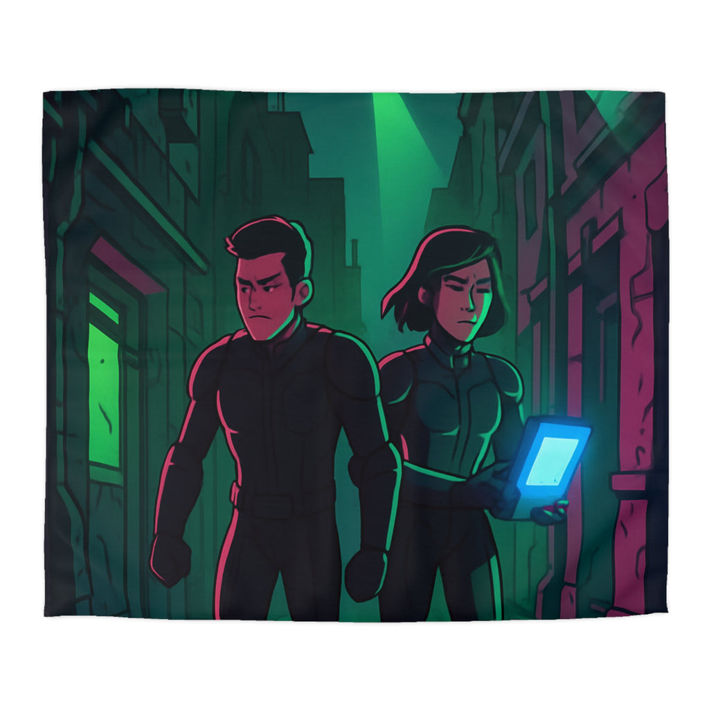 Housse de couette motif espionnage futuriste avec drones dans une ruelle mystérieuse