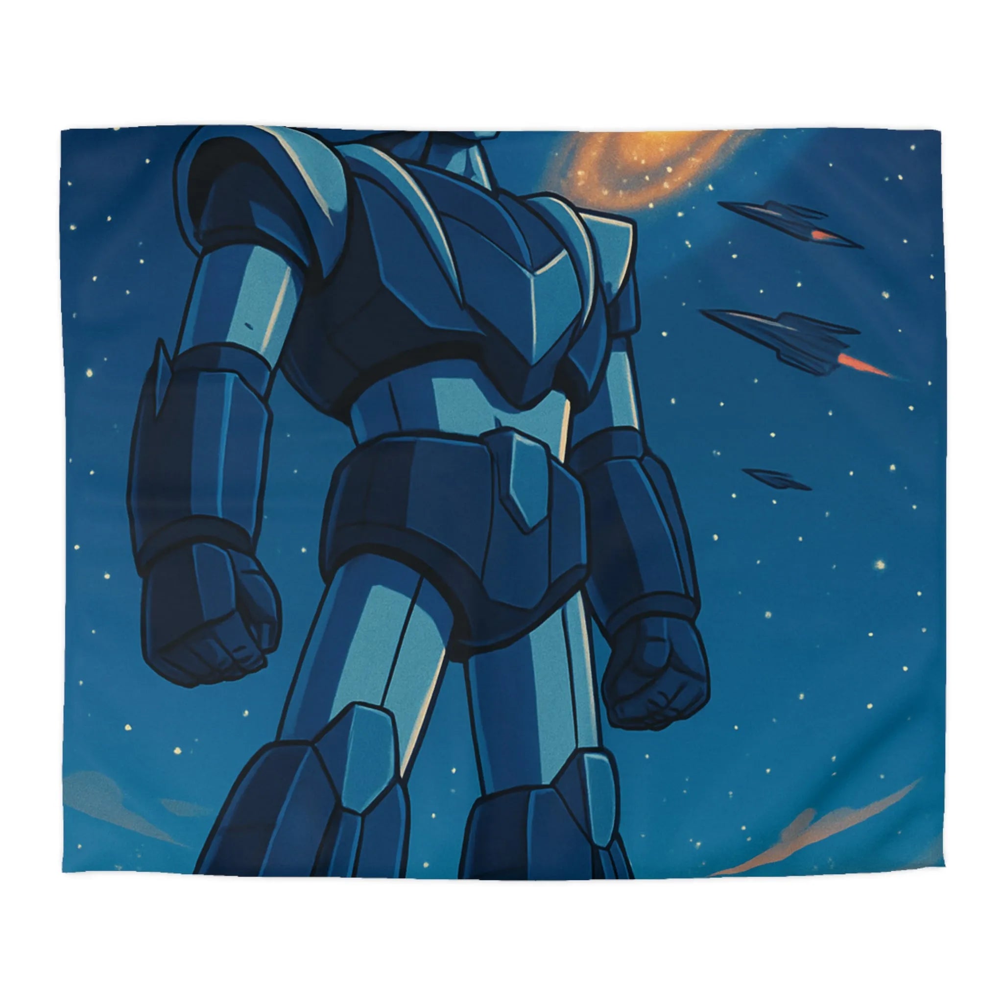 Housse de couette avec illustration rétro robot géant dans l'espace étoilé fascinant